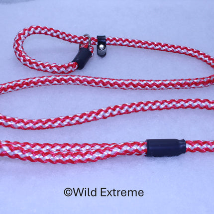 10mm braided Red and White patterned Slip Lead with leather stopper made by Wild Extreme, Cumbria UK
