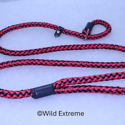 10mm braided Red and Black patterned Slip Lead with leather stopper made by Wild Extreme, Cumbria UK