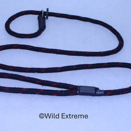 Black and red braided dog leash on a light blue background with 'Wild Extreme' branding.