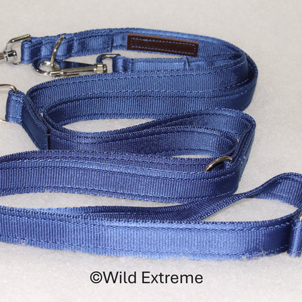 Blue 20mm wide training lead at 2.5 M long on a white background