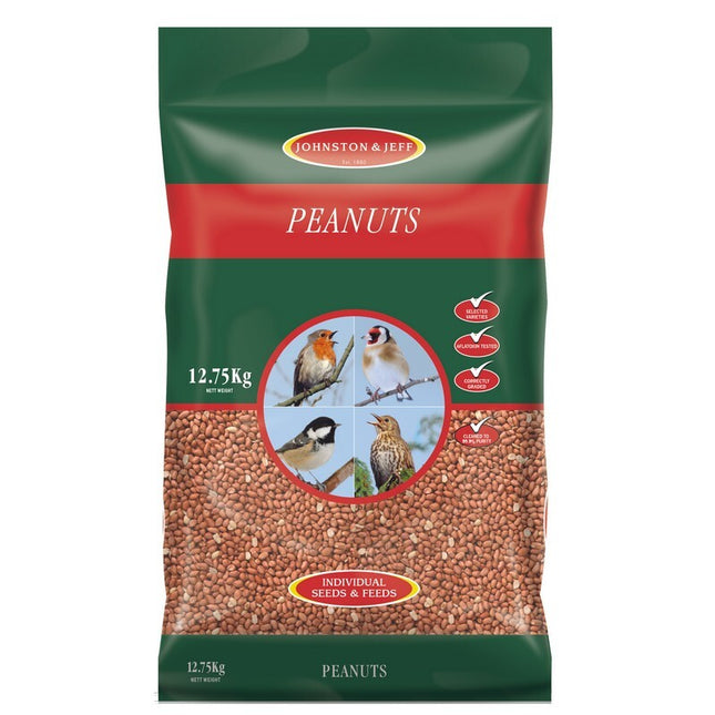 Bag of Johnston & Jeff peanuts with bird illustrations on a white background