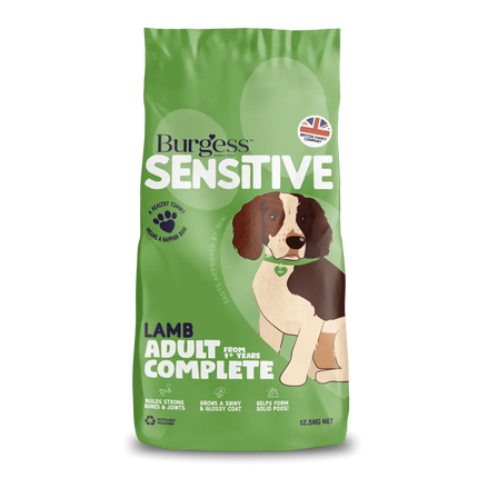 Green bag of Burgess  Lamb Sensitive dog food for adult dogs on a white background