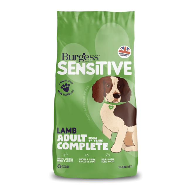 Green bag of Burgess  Lamb Sensitive dog food for adult dogs on a white background