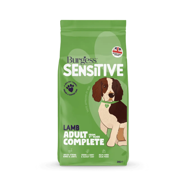 Green bag of Burgess Sensitive Lamb Adult Complete dog food on a white background