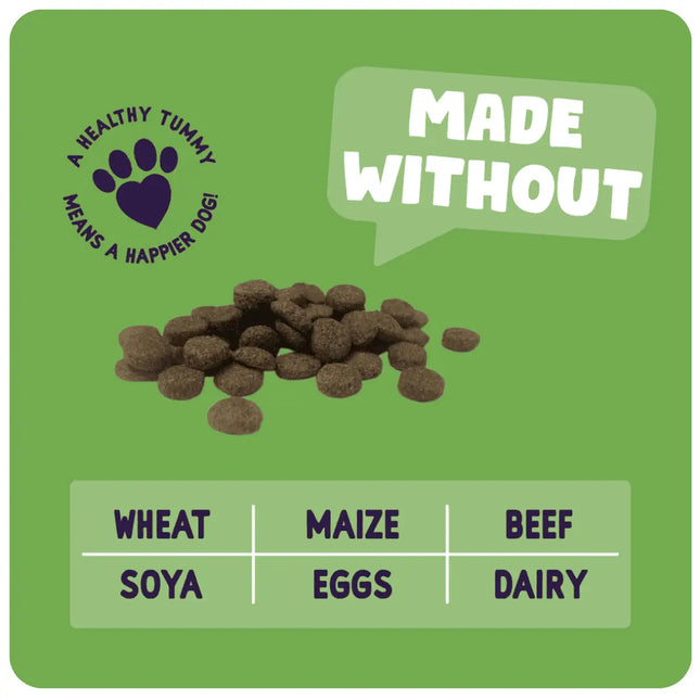 Green label with dog food pellets and text indicating ingredients 'Made Without'.