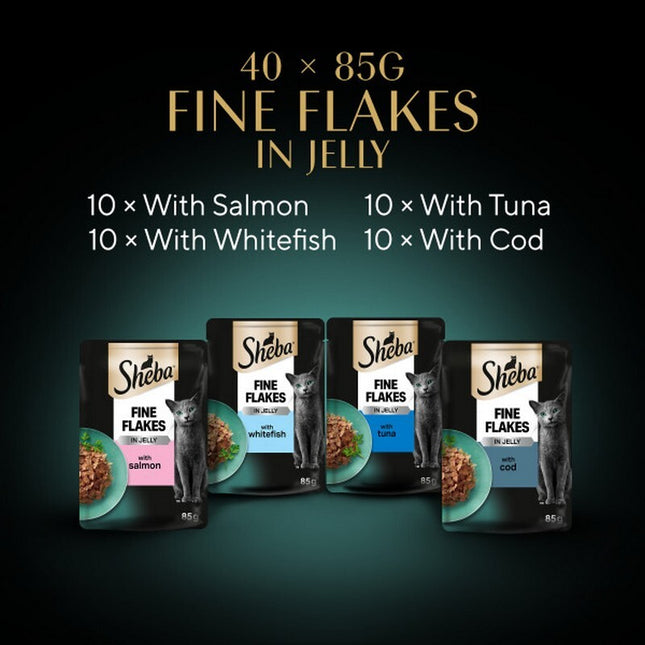 Sheba Fine Flakes in Jelly cat food packages with flavor options on a dark background
