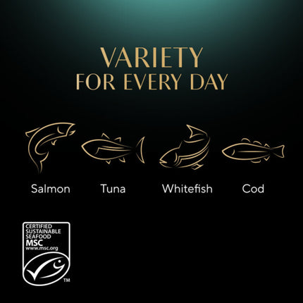 Fish illustrations with labels for Salmon, Tuna, Whitefish, and Cod on a dark background with MSC certification logo.