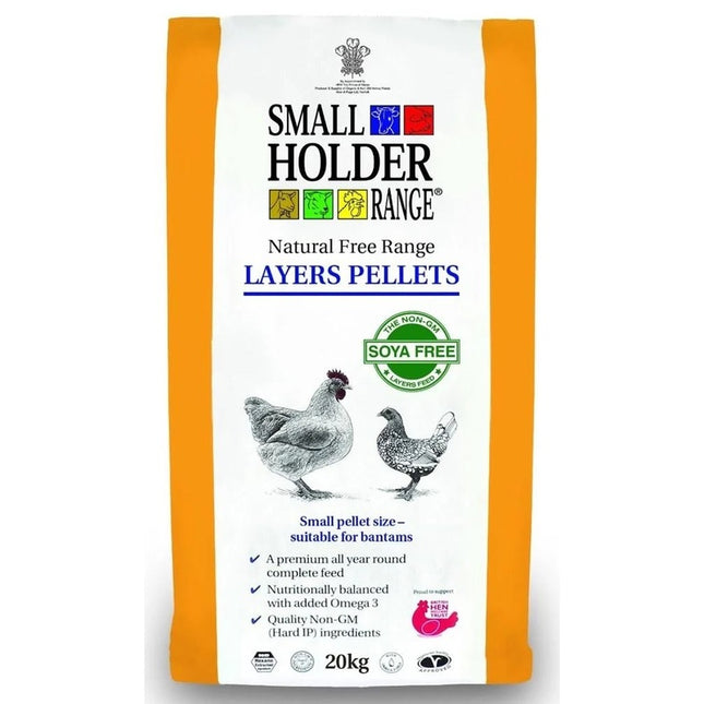 Bag of Small Holder Range Layers Pellets with chicken illustrations on a white background