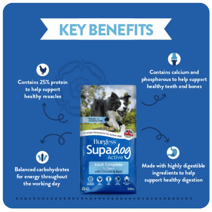Burgess Supadog Active dog food packaging with key benefits on a blue background