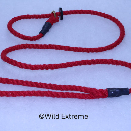 Red twisted rope slip lead in a medium length with brass ring and stopper.