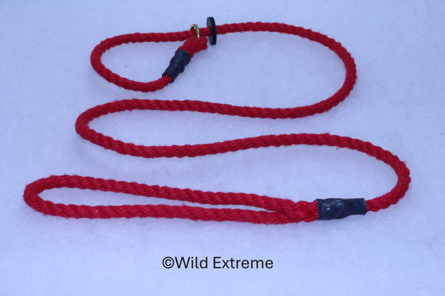 Red twisted rope slip lead in a medium length with brass ring and stopper.