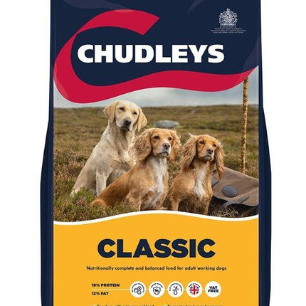 Chudley's Classic dog food packaging with three dogs in a field on a white background